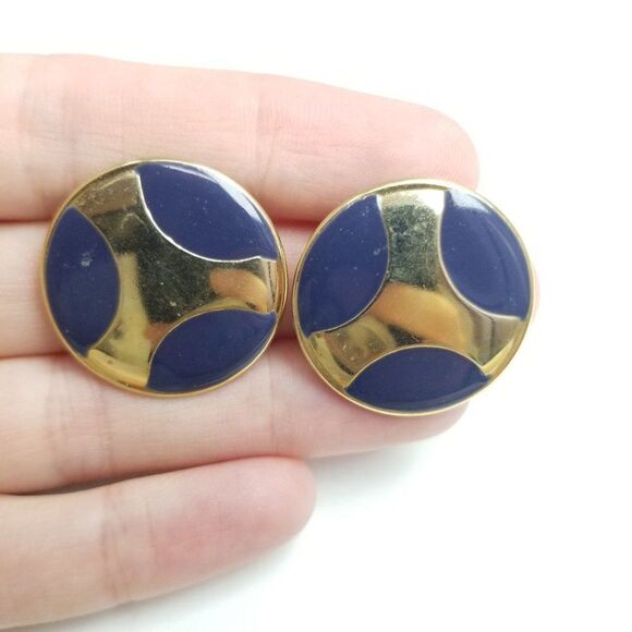 Vintage Blue Enamel an Gold Tone Dome Stud Earrings, Retro 80s Style - Picture 1 of 5